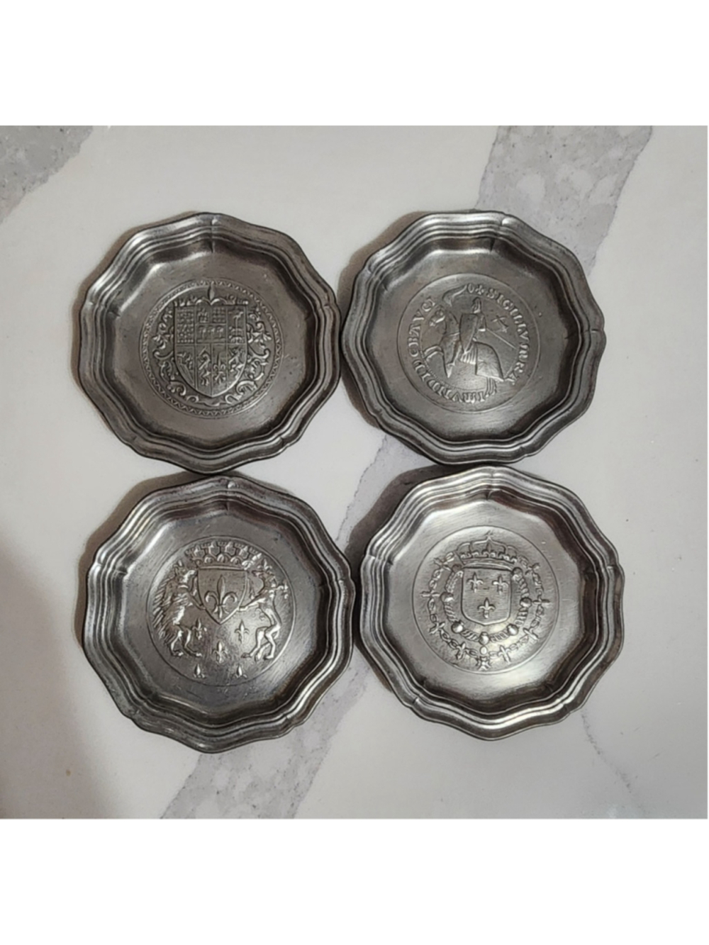 Title: Vintage French Pewter Etain d’Art Heraldic Coasters Small Dishes Set of 4